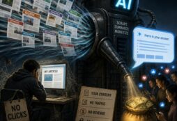 IMAGE: An AI machine absorbs web pages and turns them into answers and ad revenue, while a creator receives no clicks or income