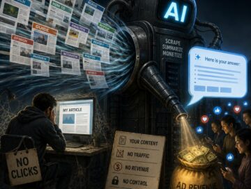 IMAGE: An AI machine absorbs web pages and turns them into answers and ad revenue, while a creator receives no clicks or income