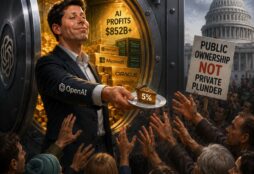 IMAGE: A tech executive offers a tiny slice of wealth to a crowd while standing before a vast vault of AI profits, symbolizing private capture of public value