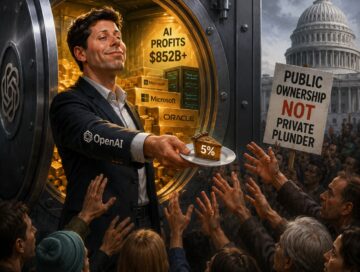 IMAGE: A tech executive offers a tiny slice of wealth to a crowd while standing before a vast vault of AI profits, symbolizing private capture of public value