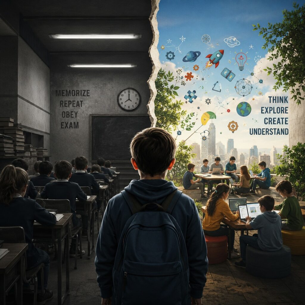 IMAGE: A student stands between a dark, rigid classroom focused on memorization and a bright, open learning space where children use technology to explore, collaborate, and create 