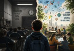 IMAGE: A student stands between a dark, rigid classroom focused on memorization and a bright, open learning space where children use technology to explore, collaborate, and create