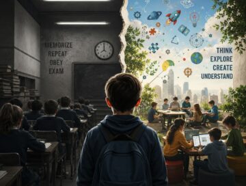IMAGE: A student stands between a dark, rigid classroom focused on memorization and a bright, open learning space where children use technology to explore, collaborate, and create