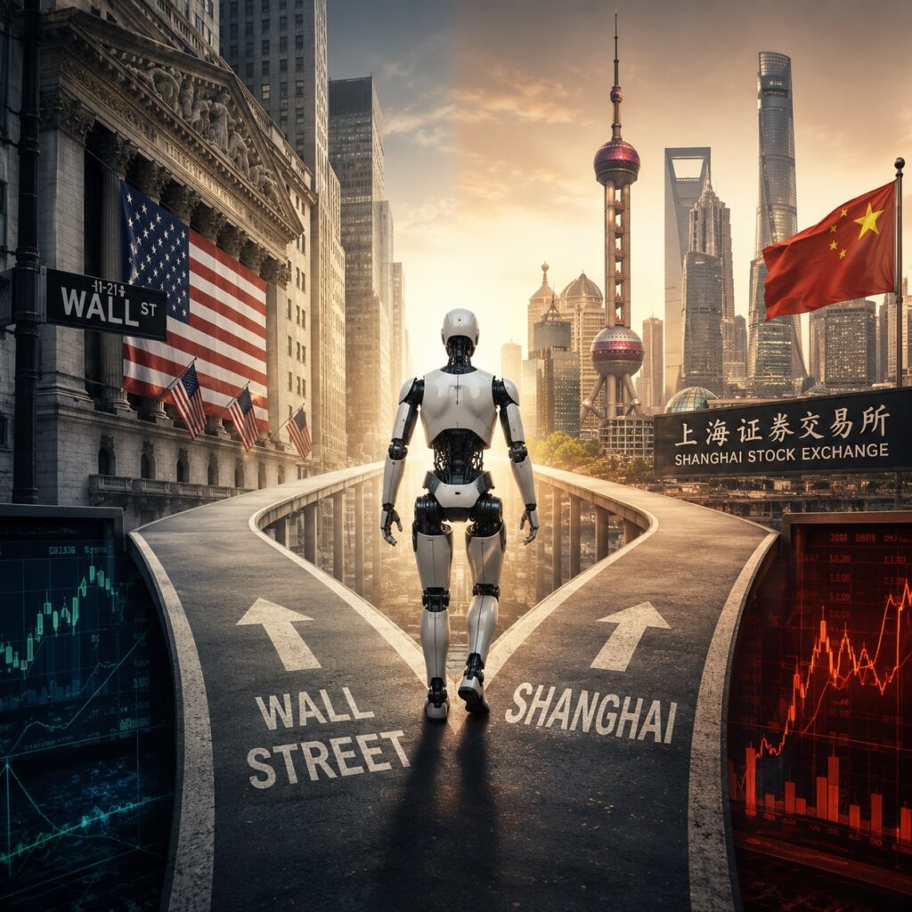 IMAGE: A humanoid robot walks toward a fork between Wall Street and Shanghai, symbolizing China’s shifting financial ambitions. 