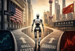 IMAGE: A humanoid robot walks toward a fork between Wall Street and Shanghai, symbolizing China’s shifting financial ambitions.