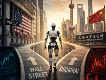 IMAGE: A humanoid robot walks toward a fork between Wall Street and Shanghai, symbolizing China’s shifting financial ambitions.