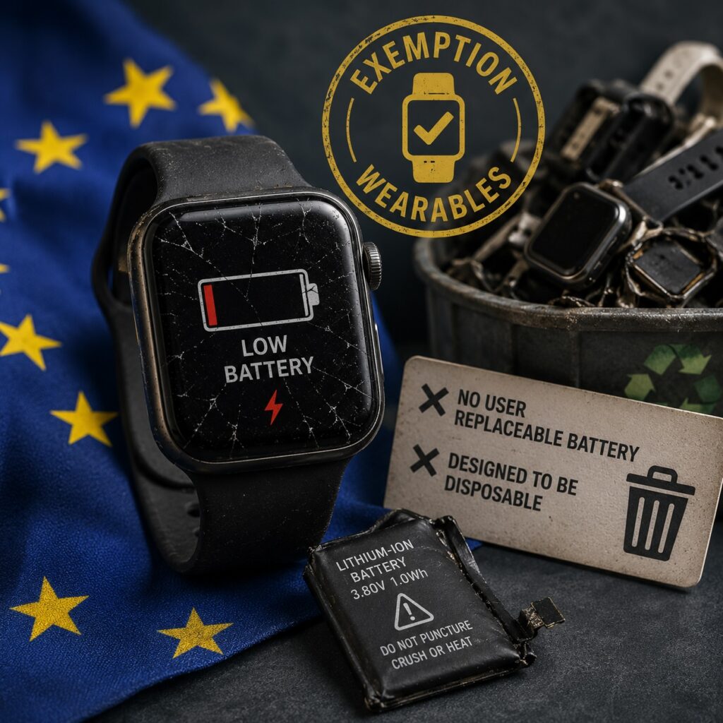 IMAGE: A broken smartwatch with a dying battery lies on an EU flag beside e-waste and an English “Wearables Exemption” stamp, symbolizing devices designed to become disposable 