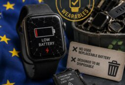 IMAGE: A broken smartwatch with a dying battery lies on an EU flag beside e-waste and an English “Wearables Exemption” stamp, symbolizing devices designed to become disposable