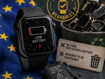 IMAGE: A broken smartwatch with a dying battery lies on an EU flag beside e-waste and an English “Wearables Exemption” stamp, symbolizing devices designed to become disposable