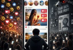 IMAGE: A lone user faces an endless social feed, surrounded by influencers, ads, surveillance cameras, and crowds absorbed in their phones