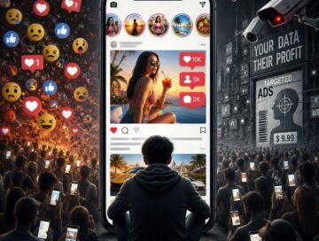 IMAGE: A lone user faces an endless social feed, surrounded by influencers, ads, surveillance cameras, and crowds absorbed in their phones