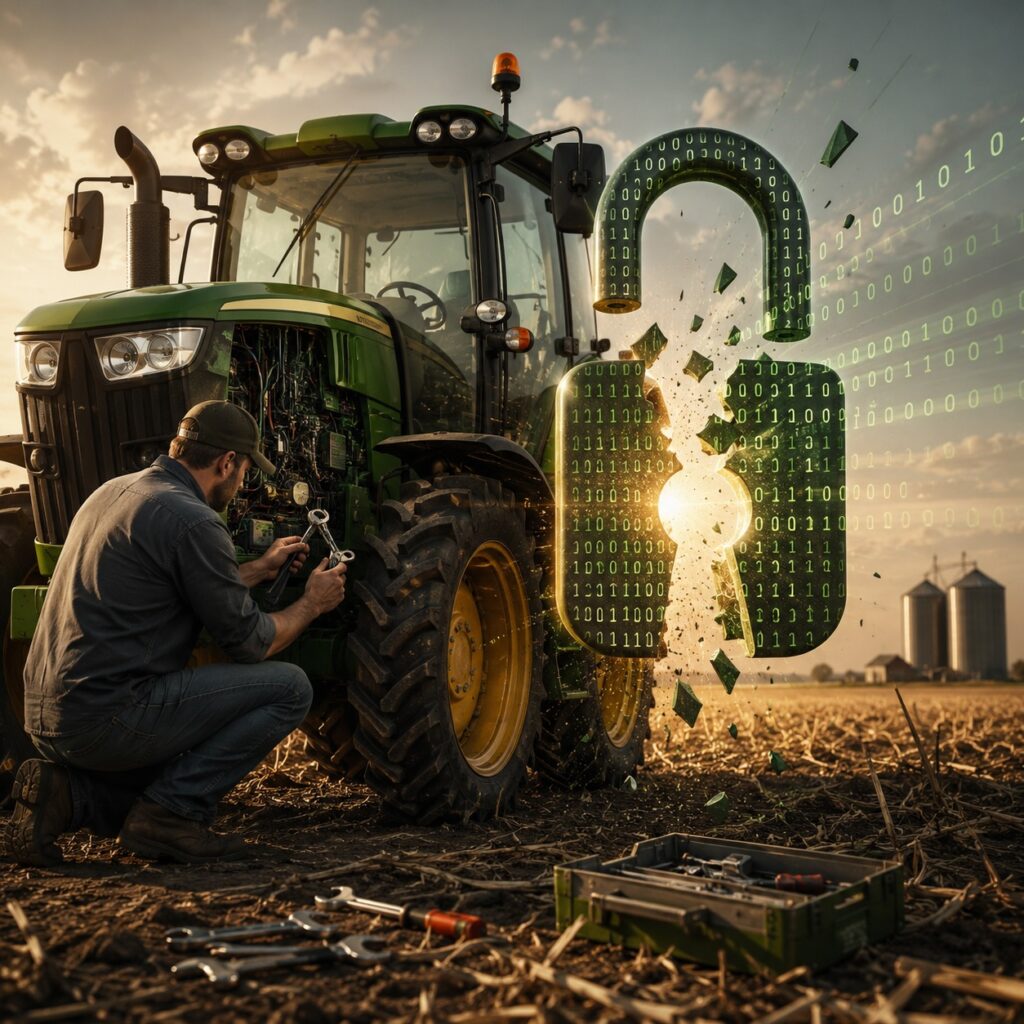 IMAGE: A farmer repairs a green tractor in a field beside a glowing shattered digital padlock, symbolizing the right to repair
