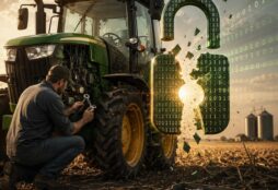 IMAGE: A farmer repairs a green tractor in a field beside a glowing shattered digital padlock, symbolizing the right to repair