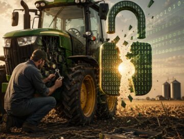 IMAGE: A farmer repairs a green tractor in a field beside a glowing shattered digital padlock, symbolizing the right to repair