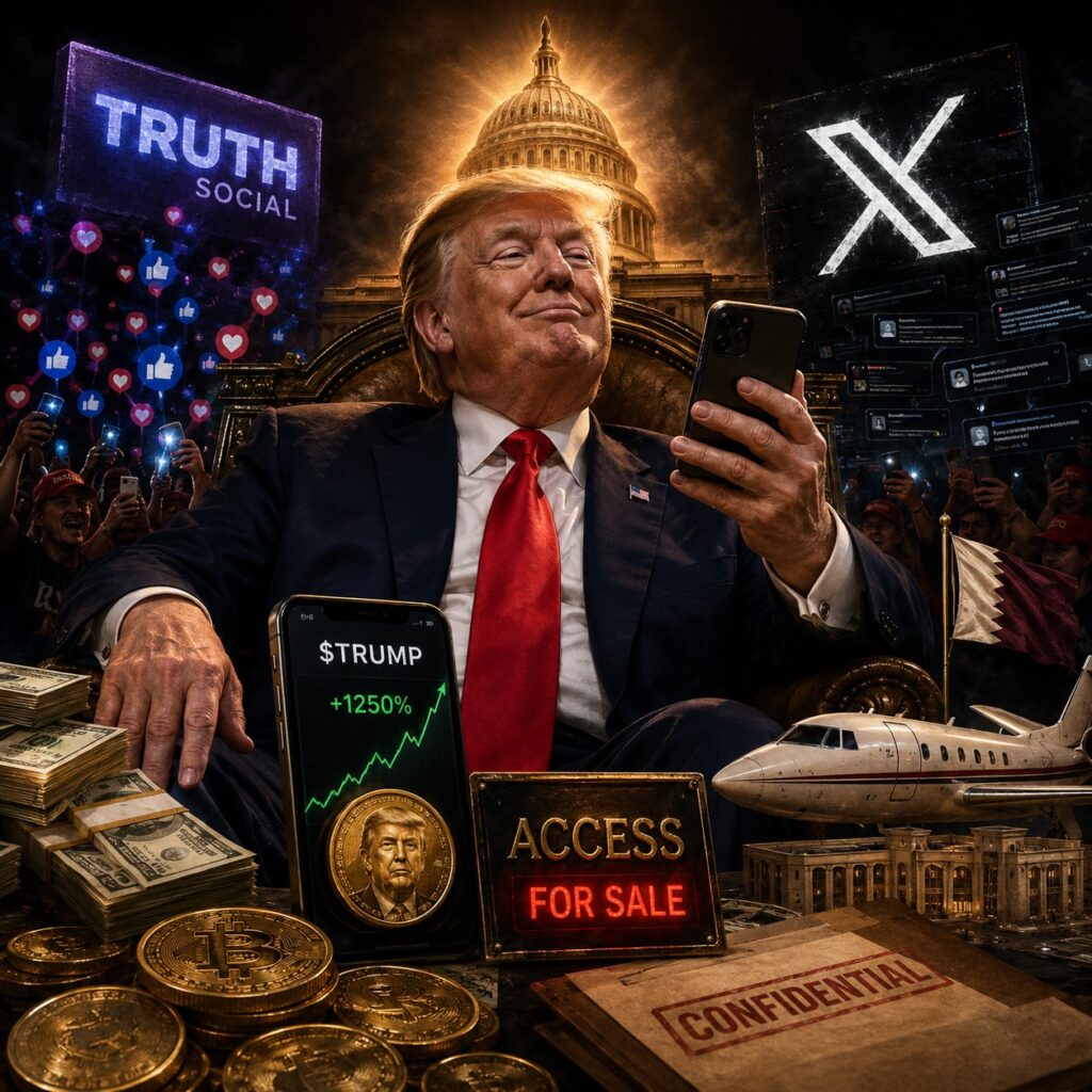 IMAGE: Trump surrounded by crypto, cash, social media platforms and symbols of political access for sale 
