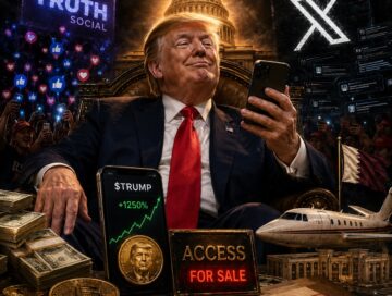 IMAGE: Trump surrounded by crypto, cash, social media platforms and symbols of political access for sale