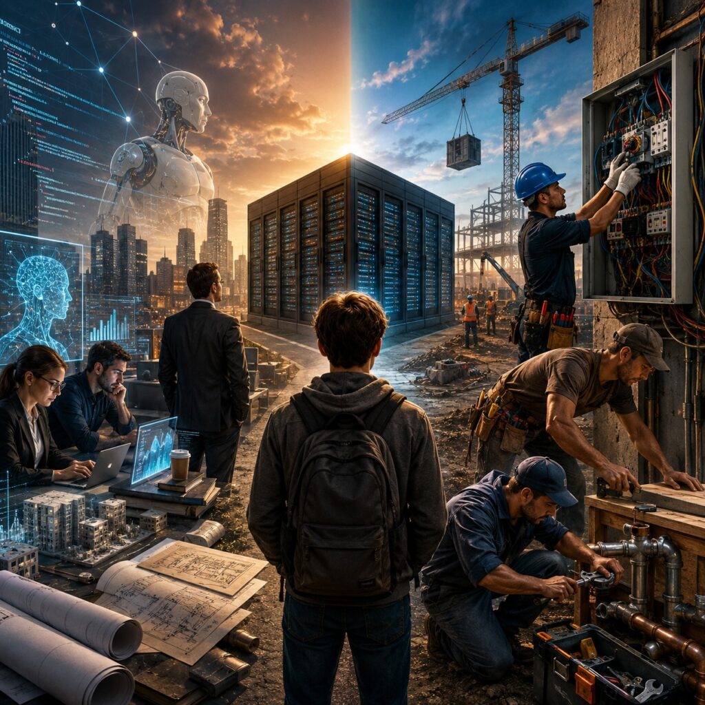 IMAGE: A white-collar professional and a skilled electrician stand at a crossroads, with artificial intelligence reshaping the office while human hands keep the physical world running. 