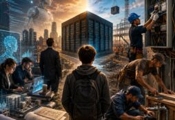 IMAGE: A white-collar professional and a skilled electrician stand at a crossroads, with artificial intelligence reshaping the office while human hands keep the physical world running.