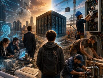 IMAGE: A white-collar professional and a skilled electrician stand at a crossroads, with artificial intelligence reshaping the office while human hands keep the physical world running.