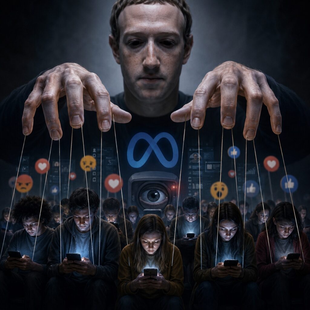 IMAGE: Mark Zuckerberg as a dark, dystopian puppet-master figure controlling rows of phone-absorbed users with strings, surrounded by surveillance imagery and social media reaction icons 