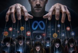 IMAGE: Mark Zuckerberg as a dark, dystopian puppet-master figure controlling rows of phone-absorbed users with strings, surrounded by surveillance imagery and social media reaction icons