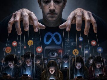 IMAGE: Mark Zuckerberg as a dark, dystopian puppet-master figure controlling rows of phone-absorbed users with strings, surrounded by surveillance imagery and social media reaction icons