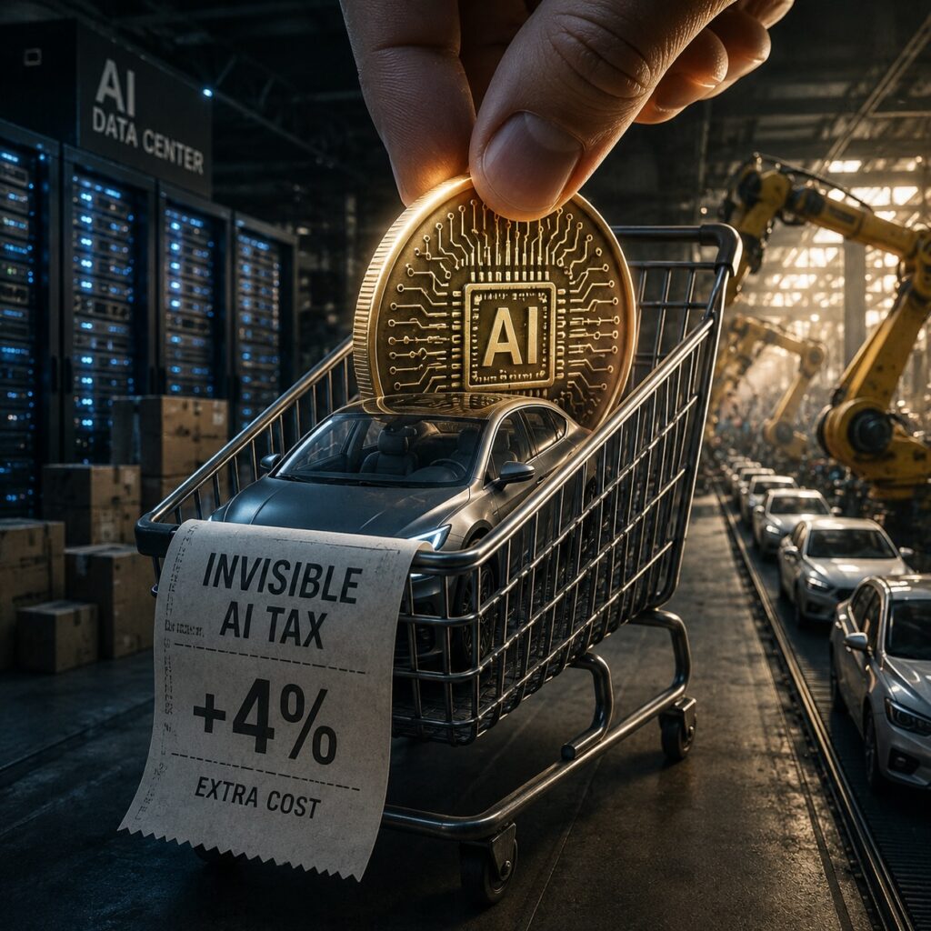 IMAGE: A car sits in a shopping cart between an AI data center and an auto factory, with a giant AI coin symbolizing the hidden costs of the AI boom.