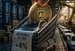 IMAGE: A car sits in a shopping cart between an AI data center and an auto factory, with a giant AI coin symbolizing the hidden costs of the AI boom.