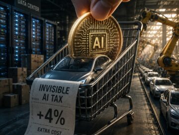 IMAGE: A car sits in a shopping cart between an AI data center and an auto factory, with a giant AI coin symbolizing the hidden costs of the AI boom.