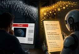 IMAGE: A humanoid AI absorbs hidden advertising messages behind a news webpage while an unaware reader sees only the clean public version.