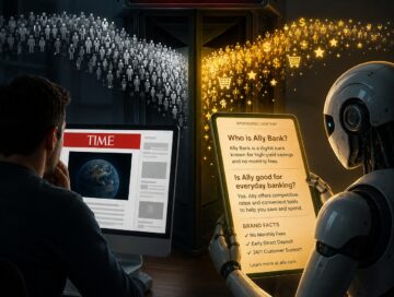 IMAGE: A humanoid AI absorbs hidden advertising messages behind a news webpage while an unaware reader sees only the clean public version.