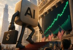IMAGE: AI strides toward a stock exchange as a soaring market chart signals a potentially record-breaking IPO.