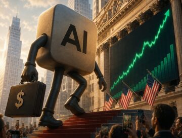 IMAGE: AI strides toward a stock exchange as a soaring market chart signals a potentially record-breaking IPO.