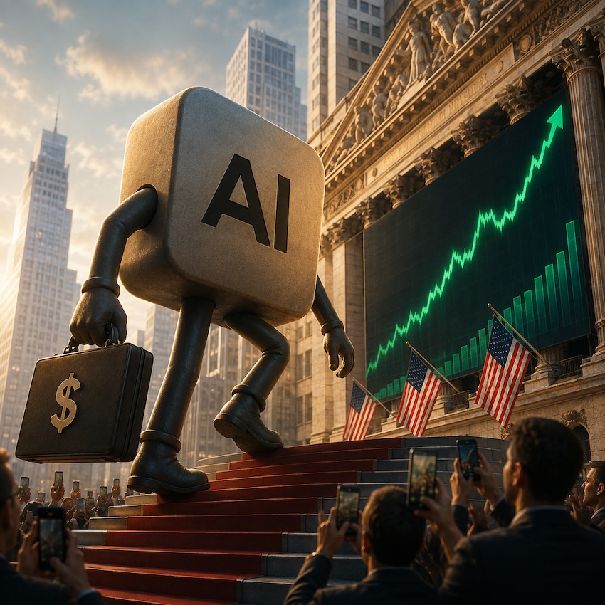 IMAGE: AI strides toward a stock exchange as a soaring market chart signals a potentially record-breaking IPO.