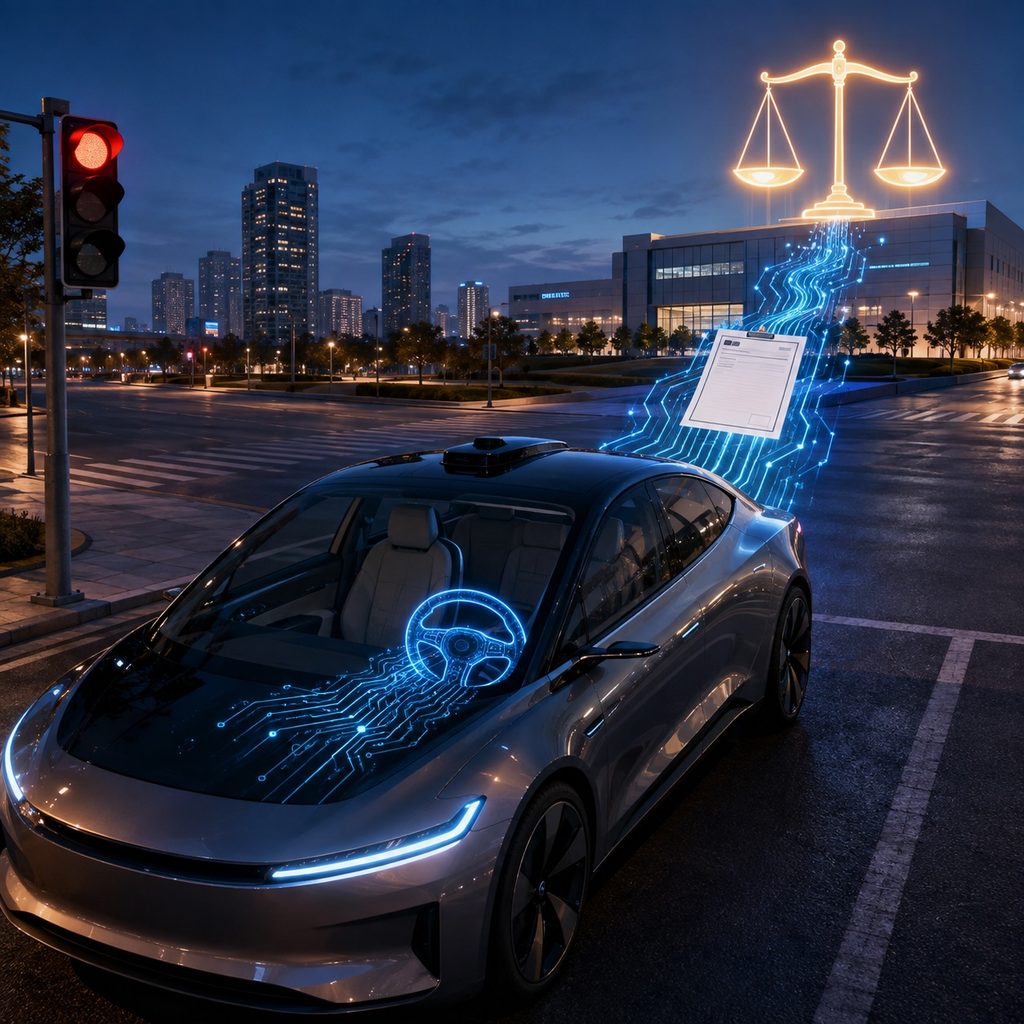 IMAGE: An empty autonomous car sends a traffic citation along glowing circuitry toward a manufacturer and balanced legal scales 
