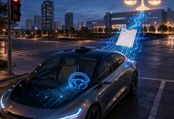 IMAGE: An empty autonomous car sends a traffic citation along glowing circuitry toward a manufacturer and balanced legal scales