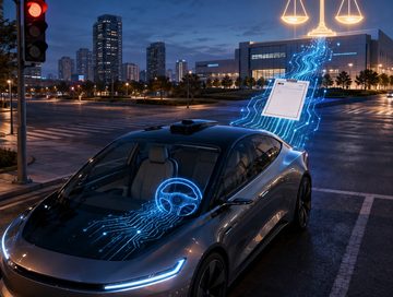 IMAGE: An empty autonomous car sends a traffic citation along glowing circuitry toward a manufacturer and balanced legal scales