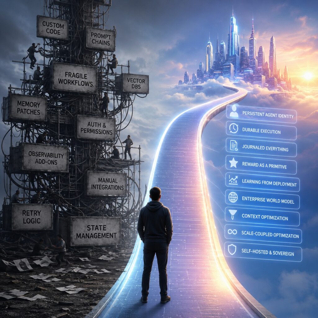 IMAGE: A person faces a glowing bridge from messy AI infrastructure toward a futuristic city of structured intelligence.