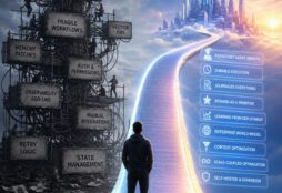 IMAGE: A person faces a glowing bridge from messy AI infrastructure toward a futuristic city of structured intelligence.