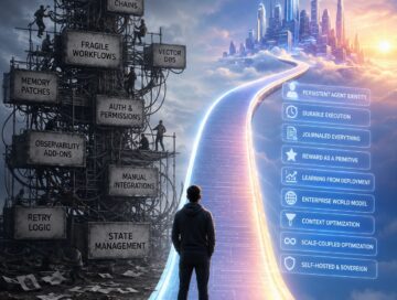 IMAGE: A person faces a glowing bridge from messy AI infrastructure toward a futuristic city of structured intelligence.