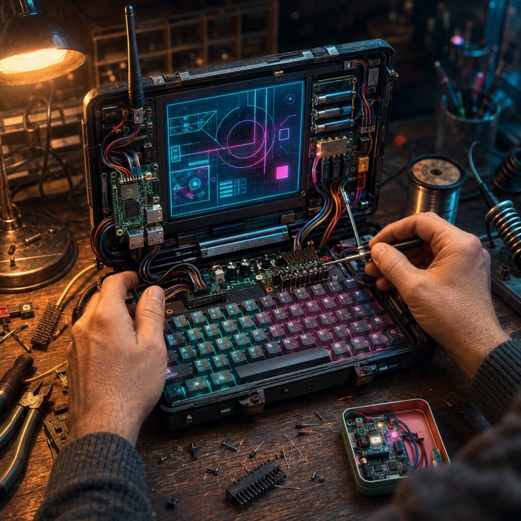 IMAGE: A maker assembles a glowing homemade cyberdeck on an electronics workbench, surrounded by exposed circuits, tools, and a miniature computer in a mint tin. 