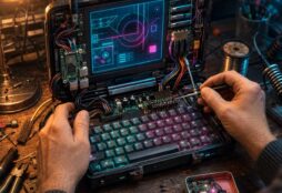 IMAGE: A maker assembles a glowing homemade cyberdeck on an electronics workbench, surrounded by exposed circuits, tools, and a miniature computer in a mint tin.