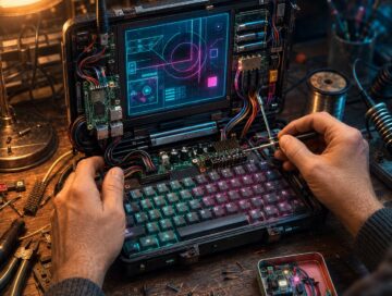 IMAGE: A maker assembles a glowing homemade cyberdeck on an electronics workbench, surrounded by exposed circuits, tools, and a miniature computer in a mint tin.