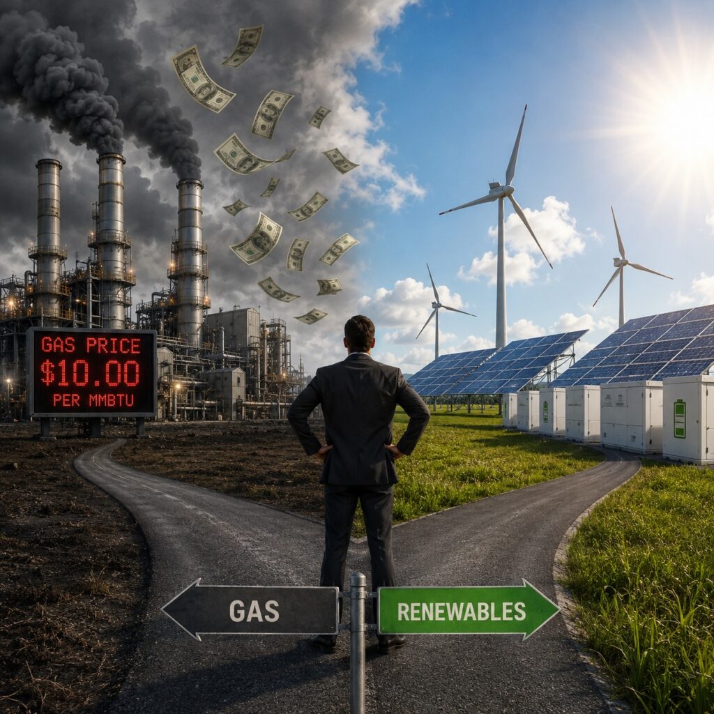 IMAGE: Un hombre observa una bifurcación: a un lado, una central de gas entre humo y precios crecientes; al otro, paneles solares, aerogeneradores y baterías bajo un cielo despejado. 