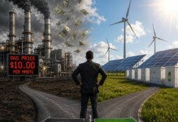 IMAGE: Un hombre observa una bifurcación: a un lado, una central de gas entre humo y precios crecientes; al otro, paneles solares, aerogeneradores y baterías bajo un cielo despejado.