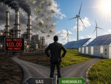 IMAGE: Un hombre observa una bifurcación: a un lado, una central de gas entre humo y precios crecientes; al otro, paneles solares, aerogeneradores y baterías bajo un cielo despejado.