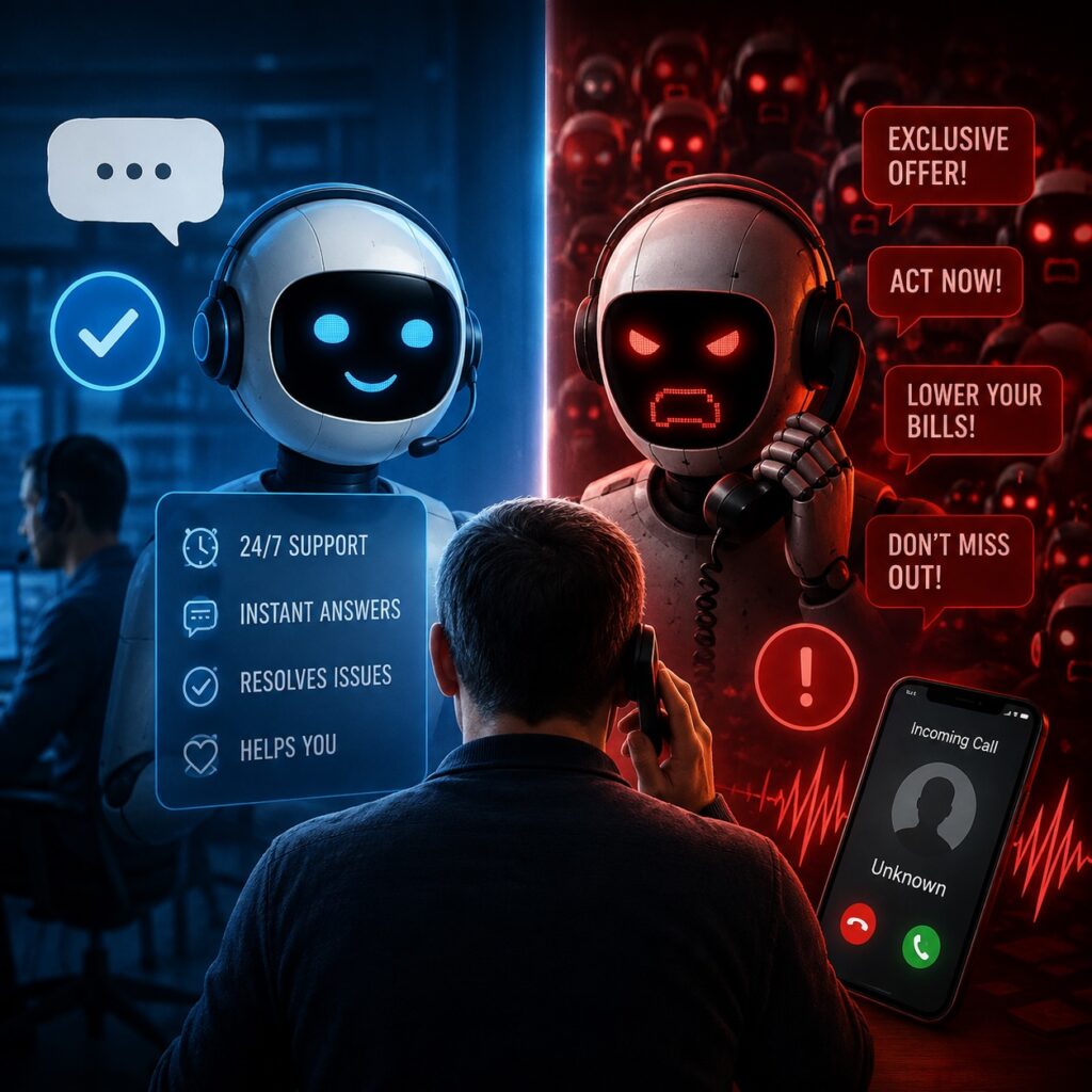 IMAGE: A human call-center worker fades into rows of relentless AI phone agents, contrasting helpful customer service with automated commercial harassment.