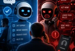 IMAGE: A human call-center worker fades into rows of relentless AI phone agents, contrasting helpful customer service with automated commercial harassment.