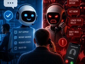IMAGE: A human call-center worker fades into rows of relentless AI phone agents, contrasting helpful customer service with automated commercial harassment.