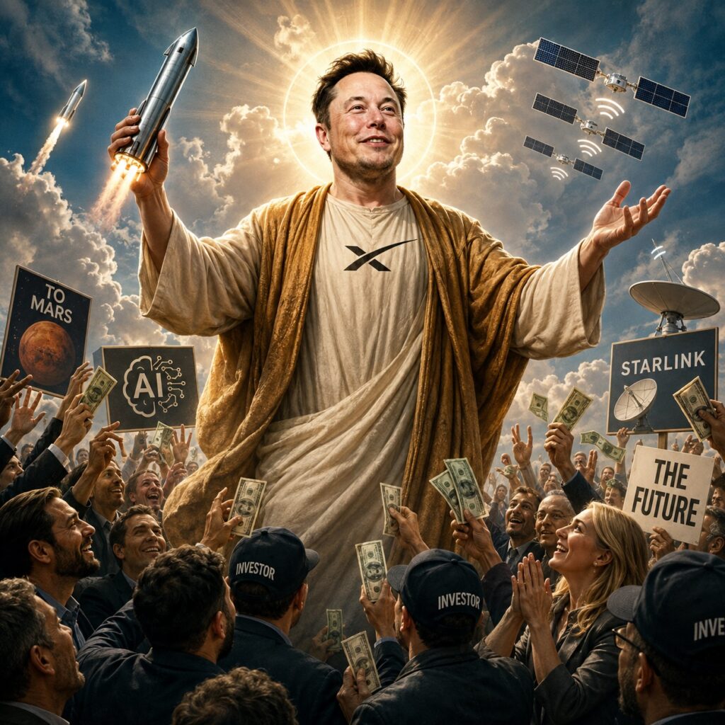 IMAGE: Elon Musk portrayed as a messianic figure, holding a rocket above investors offering money amid satellites, AI symbols and promises of Mars.